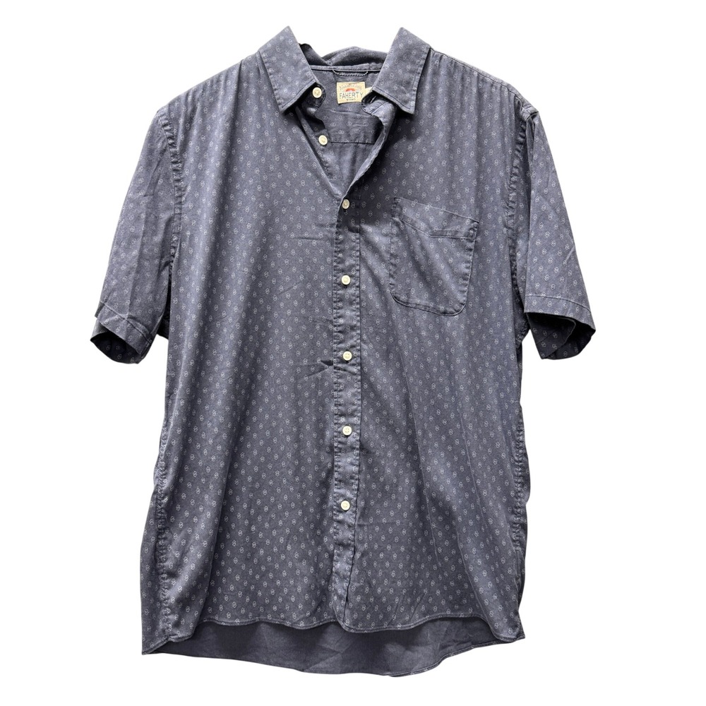 Faherty Movement Shirt Mens Large Blue Geometric Button Up Short Sleeve Coastal